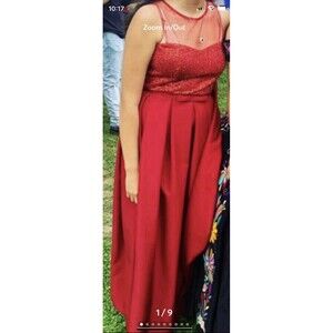 Red Lace Maxi Dress Size M Sequined Top and mesh Neckline formal evening dress